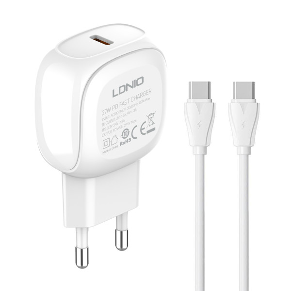 LDNIO φορτιστής τοίχου A1206C με καλώδιο USB-C, 1x USB-C, 27W PD, λευκός LDNIO φορτιστής τοίχου A1206C με καλώδιο USB-C, 1x USB-C, 27W PD, λευκός
